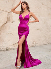 Plunging Neck Spaghetti Strap Backless Slit Satin Dress - Elonnashop